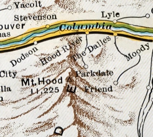 Map detail showing the Columbia River, Mt. Hood, and nearby towns like Hood River and The Dalles.