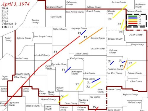 Map showing tornado paths and ratings across several counties in Indiana on April 3, 1974, with color-coded classifications.