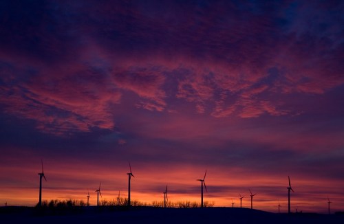 Silhouetted wind turbines against a vibrant sunset sky with purple and orange hues.