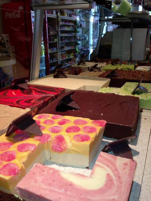 A display of colorful fudge varieties in a shop, featuring swirls and toppings in various flavors.