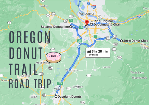 Map of the Oregon Donut Trail road trip, highlighting donut shops and travel time of 3 hours 28 minutes over 159 miles.