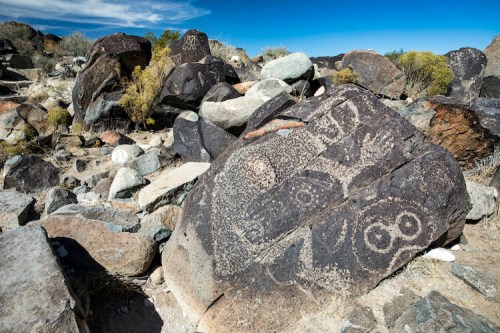 Petroglyphs carved into large rocks, surrounded by boulders and sparse vegetation under a clear blue sky.