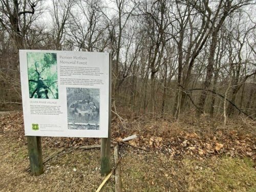 Sign for Pioneer Mothers Memorial Forest, with trees in the background and a view of the forested area.
