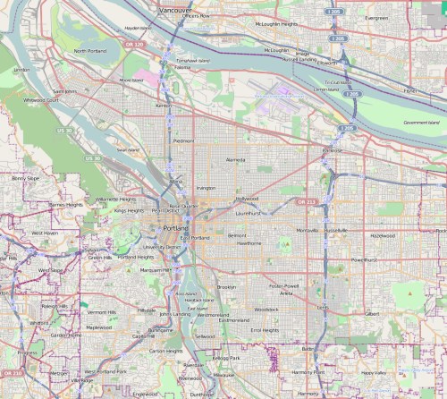 Map of Portland, Oregon, showing streets, neighborhoods, and major landmarks with a focus on urban layout.