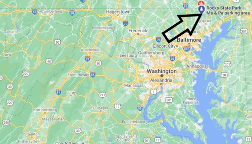Map showing the location of Rocks State Park in Maryland, near the Ma & Pa parking area, northeast of Baltimore.