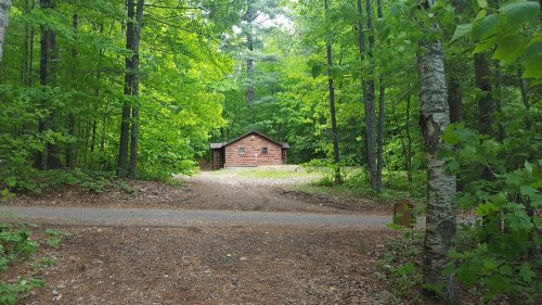 A rustic wooden cabin surrounded by lush green trees, set back from a gravel path in a serene forest.
