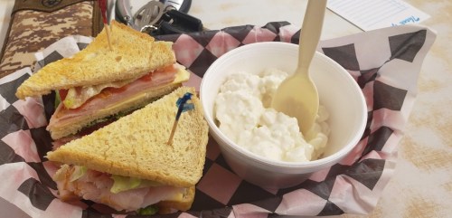 A sandwich with layers of turkey and lettuce, served with a side of cottage cheese in a bowl.