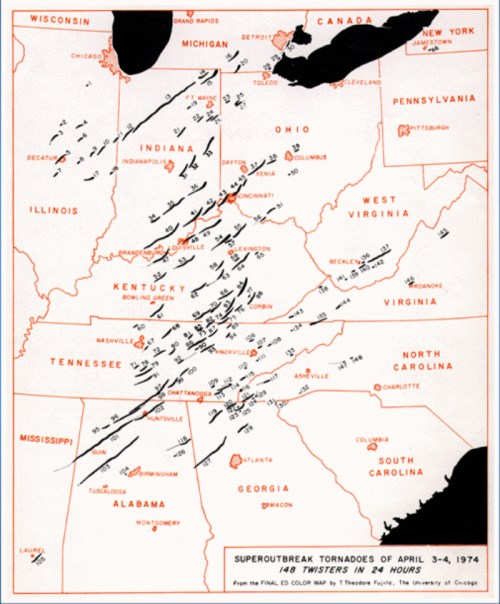 Map showing the paths of tornadoes from the Superoutbreak of April 3-4, 1974, across several U.S. states.