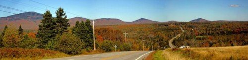 A scenic road winds through vibrant autumn foliage with mountains in the background under a clear blue sky.