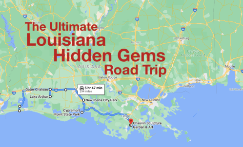 Map of Louisiana highlighting a road trip route to hidden gems, with text overlay: "The Ultimate Louisiana Hidden Gems Road Trip."