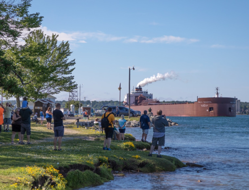 People gather by the water to watch a large ship passing by on a clear day.