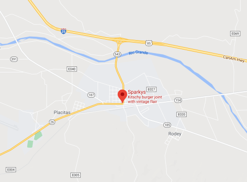 Map showing location of Sparky's, a kitschy burger joint with vintage flair, near highways and surrounding areas.