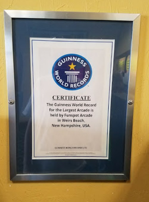 Certificate from Guinness World Records for the largest arcade held by Funspot Arcade in Weirs Beach, New Hampshire.