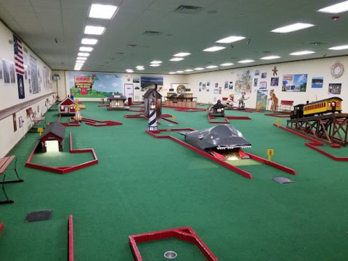 Indoor mini-golf course featuring various themed holes, including a large whale and colorful structures on green turf.