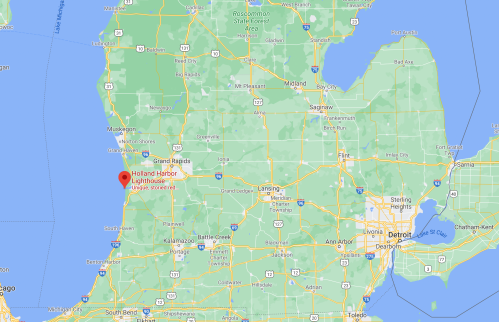 Map showing the location of Holland Harbor Lighthouse in Michigan, near Lake Michigan, with surrounding cities and landmarks.