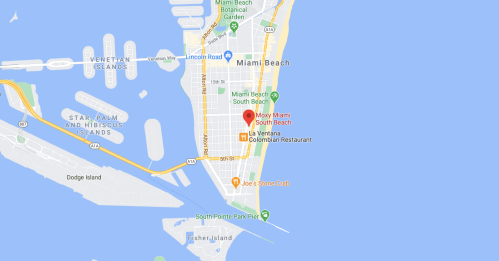 Map of Miami Beach highlighting South Beach, with nearby landmarks and roads.