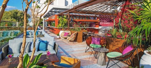 A vibrant rooftop bar with colorful seating, lush plants, and a stylish bar area, perfect for relaxation and socializing.
