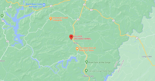 Map showing Hillside Orchard Farms in Wiley, Georgia, with nearby landmarks and roads highlighted.