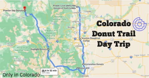 Map of the Colorado Donut Trail, highlighting a day trip route with various donut shops and locations.
