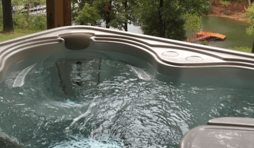 A hot tub with bubbling water, surrounded by trees and a view of a lake in the background.