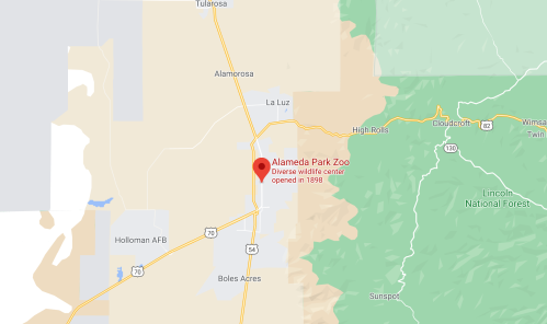 Map showing the location of Alameda Park Zoo, a diverse wildlife center opened in 1898, near Alamogordo, New Mexico.