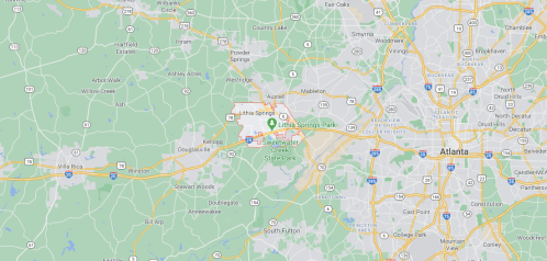 Map showing the area around Lithia Springs and Sweetwater Creek State Park, near Atlanta, Georgia.