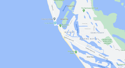 Map showing coastal area with beaches, golf club, and nature preserve near Wulfert, Florida.