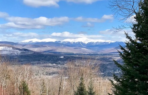 A scenic view of snow-capped mountains under a blue sky, surrounded by trees and a valley below.