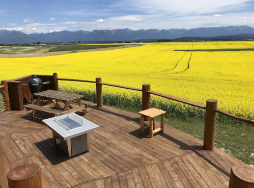 A wooden deck overlooks a vibrant yellow field and distant mountains under a blue sky with scattered clouds.