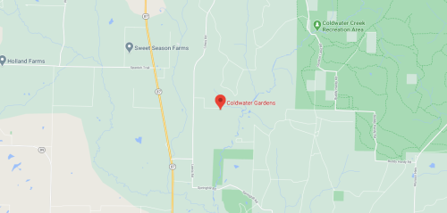 Map showing Coldwater Gardens location, surrounded by farms and near Coldwater Creek Recreation Area.