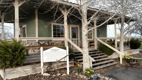 A green general store with a wooden porch, surrounded by trees and daffodils, featuring a sign in front.