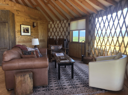 Cozy interior of a wooden yurt with a leather sofa, white chair, coffee table, and large windows showcasing nature.