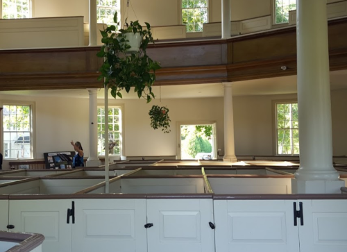 Interior of a bright, empty room with wooden features, plants hanging, and a person near a display.