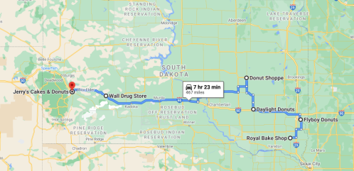 Map showing a route through South Dakota with stops at various donut shops, totaling 467 miles and 7 hours 23 minutes.