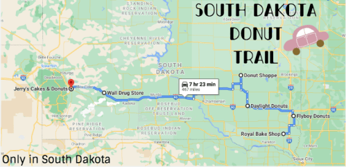 Map of the South Dakota Donut Trail, highlighting donut shops and routes between locations.