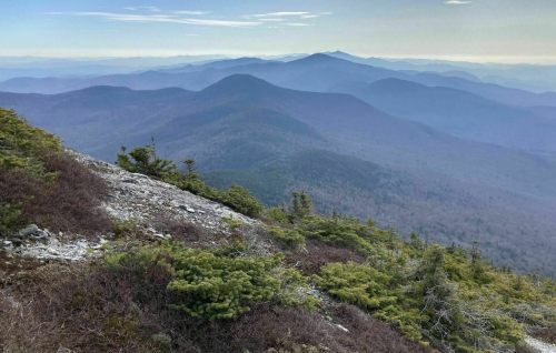 A panoramic view of rolling mountains under a clear sky, with lush greenery in the foreground.