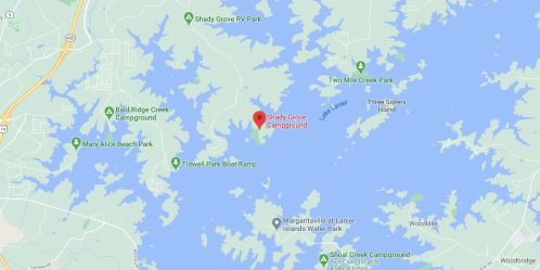 Map showing Shady Grove Campground located on Lake Lanier, surrounded by parks and boat ramps.