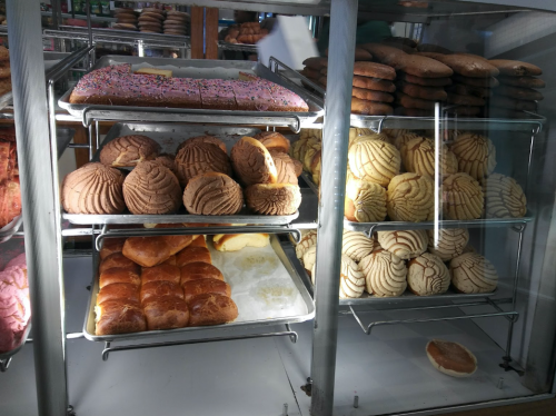 A display case filled with various baked goods, including cookies, pastries, and colorful conchas.
