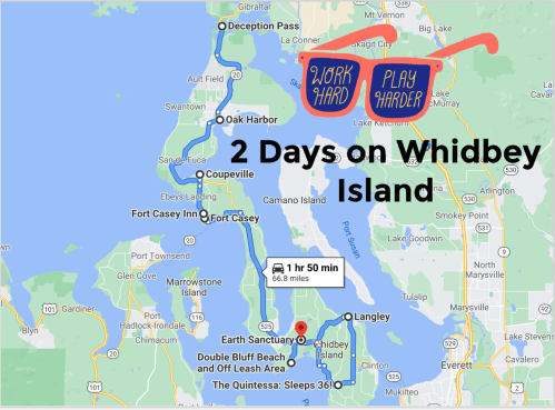 Map of Whidbey Island with a route for a 2-day trip, highlighting key locations and travel time. Fun sunglasses graphic included.