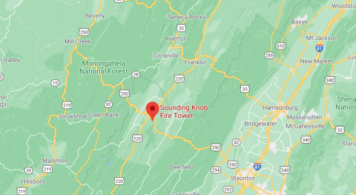 Map highlighting the location of Sounding Knob Fire Tower in the Monongahela National Forest, West Virginia.