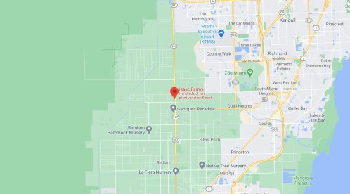 Map showing the location of Isaac Farms near Miami, Florida, with nearby landmarks and roads highlighted.
