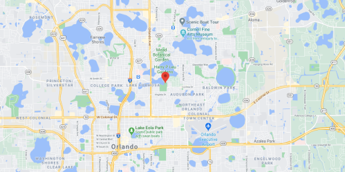 Map of Orlando, Florida, highlighting parks, roads, and notable locations with blue water bodies scattered throughout.