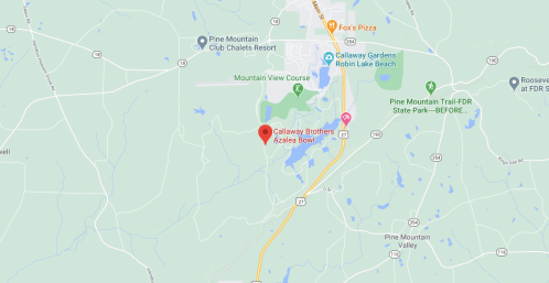 Map showing the location of Callaway Brothers Azalea Bowl near Pine Mountain, Georgia, with nearby landmarks and roads.