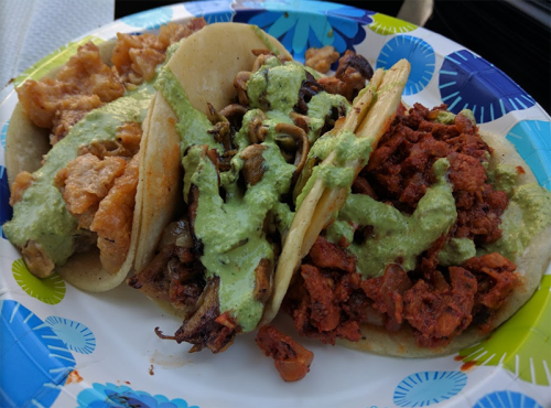 A colorful plate with three tacos topped with green sauce, featuring different fillings like meat and vegetables.