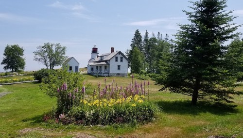 A white lighthouse and house surrounded by colorful flowers and greenery under a clear blue sky.