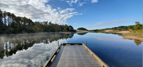A serene lake view from a wooden dock, surrounded by trees and a clear blue sky, with mist rising from the water.