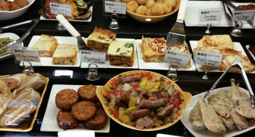 A display of various dishes including lasagna, sausages, and pastries, with labels for each item.