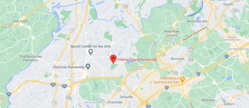 Map showing the location of Treetop Quest Dunwoody, marked with a red pin in Dunwoody, Georgia.
