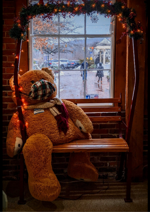 A large teddy bear sits on a wooden bench, decorated with lights, in front of a window showing a rainy street scene.
