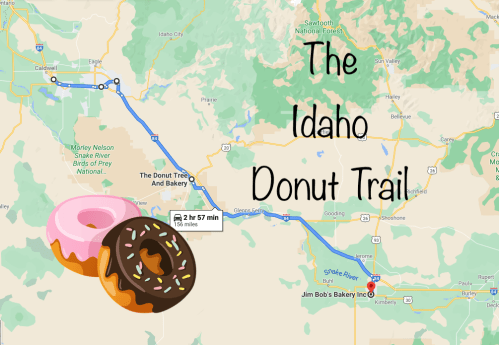 Map of the Idaho Donut Trail, featuring a route from Jim Bob's Bakery to The Donut Tree, with donut illustrations.